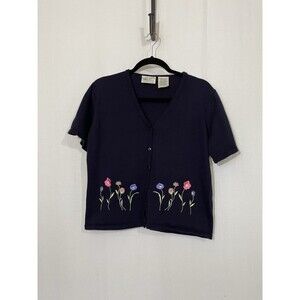 VTG Kathie Lee Cardigan Womens 12/14 Navy Embroidery Floral Cottage Sweater